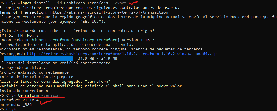 Verificación de la versión de Terraform en PowerShell